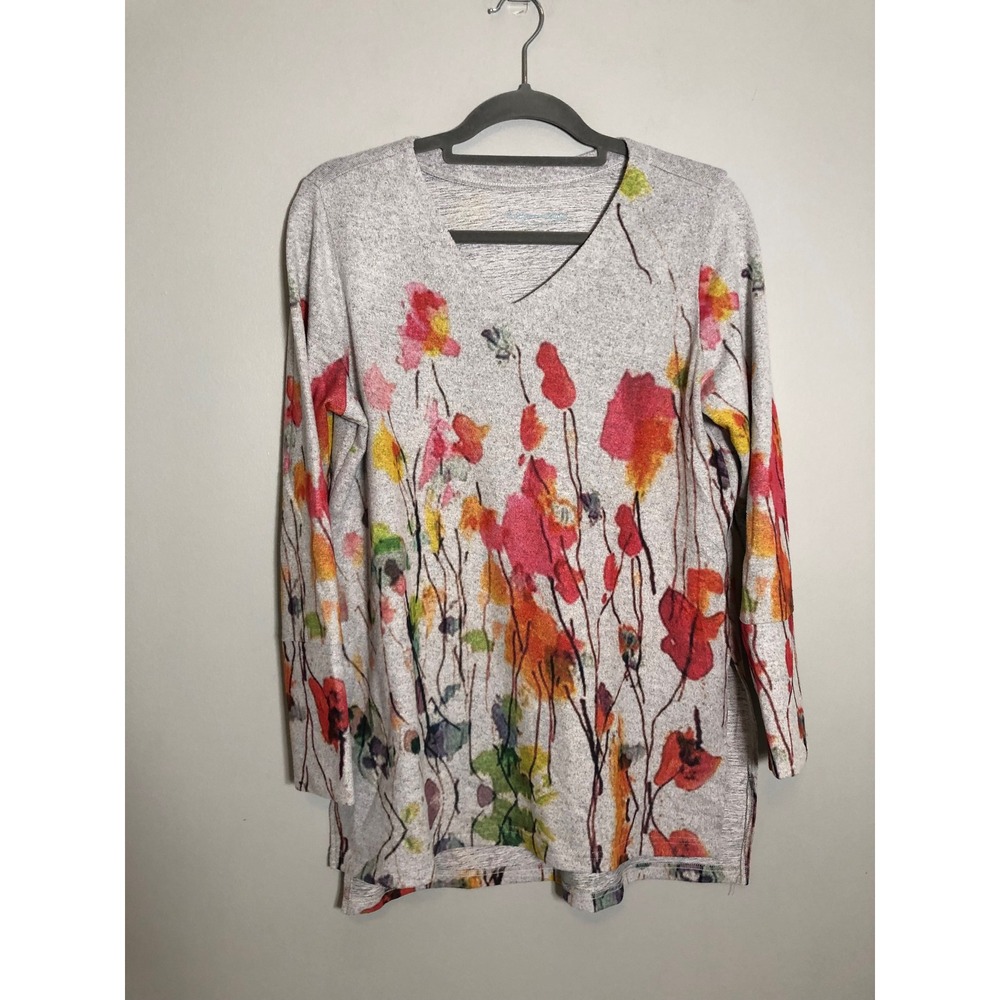 Soft Surroundings Tunic Top Women Large Gray Floral Watercolor V-Neck 3AE48